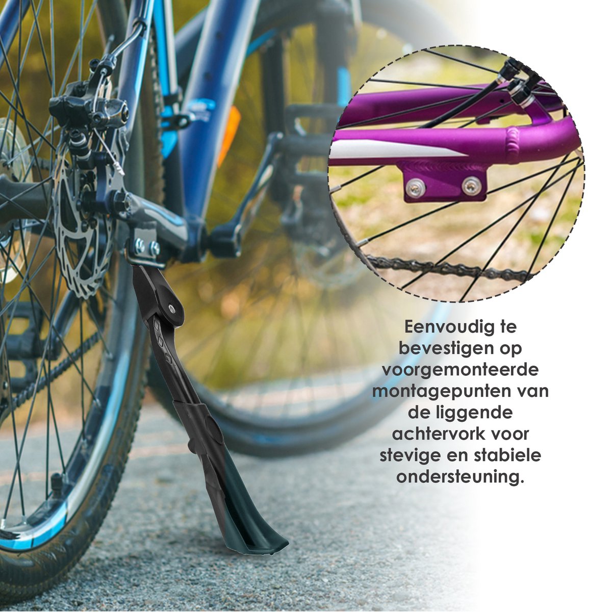 Fietsstandaard voor E-Bike en Fatbike - Verstelbare achtervork standaard (16-24 Inch) | Stabiele zijstandaard met extra grote voet | Geschikt voor Elektrische Fietsen, Fatbikes en Mountainbikes | 18-40 mm – foto 3