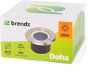 Doos van de Brendz Doha solar grondspot, met icoontjes voor AUTO aan/uit en IP67 waterdicht.