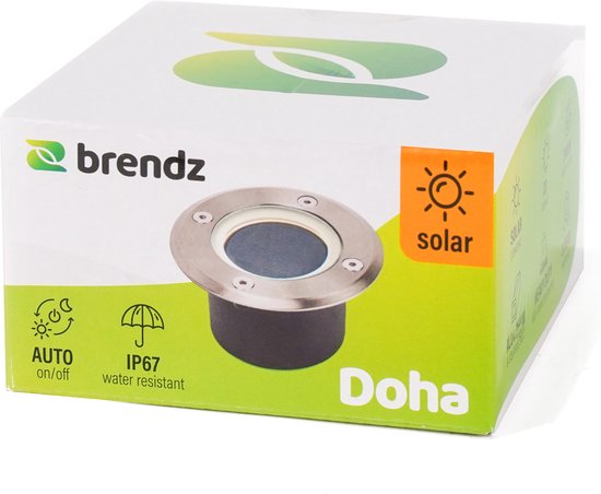 Doos van de Brendz Doha solar grondspot, met icoontjes voor AUTO aan/uit en IP67 waterdicht.