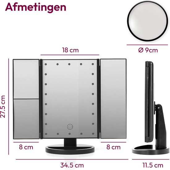 Gadgy de maquillage Gadgy avec éclairage - Triptyque avec miroir grossissant - Cosmétique / Miroir de maquillage - Miroir grossissant - Éclairage LED à intensité variable - 22 LED - Rotatif à 180 ° - Fonctionne sur piles / USB - Comprend un câble USB