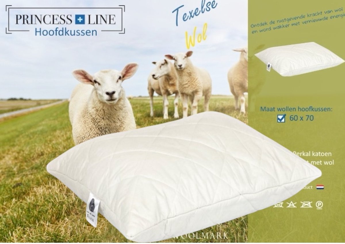Princess Line Gecertificeerd Wollen Hoofdkussen -100% Zuivere Scheerwolbolletjes -Natuurlijk Hoofdkussen Aanpasbaar en Comfortabel - 60x70cm-1100g - Ideaal voor Rug-Zij en Buikslapers