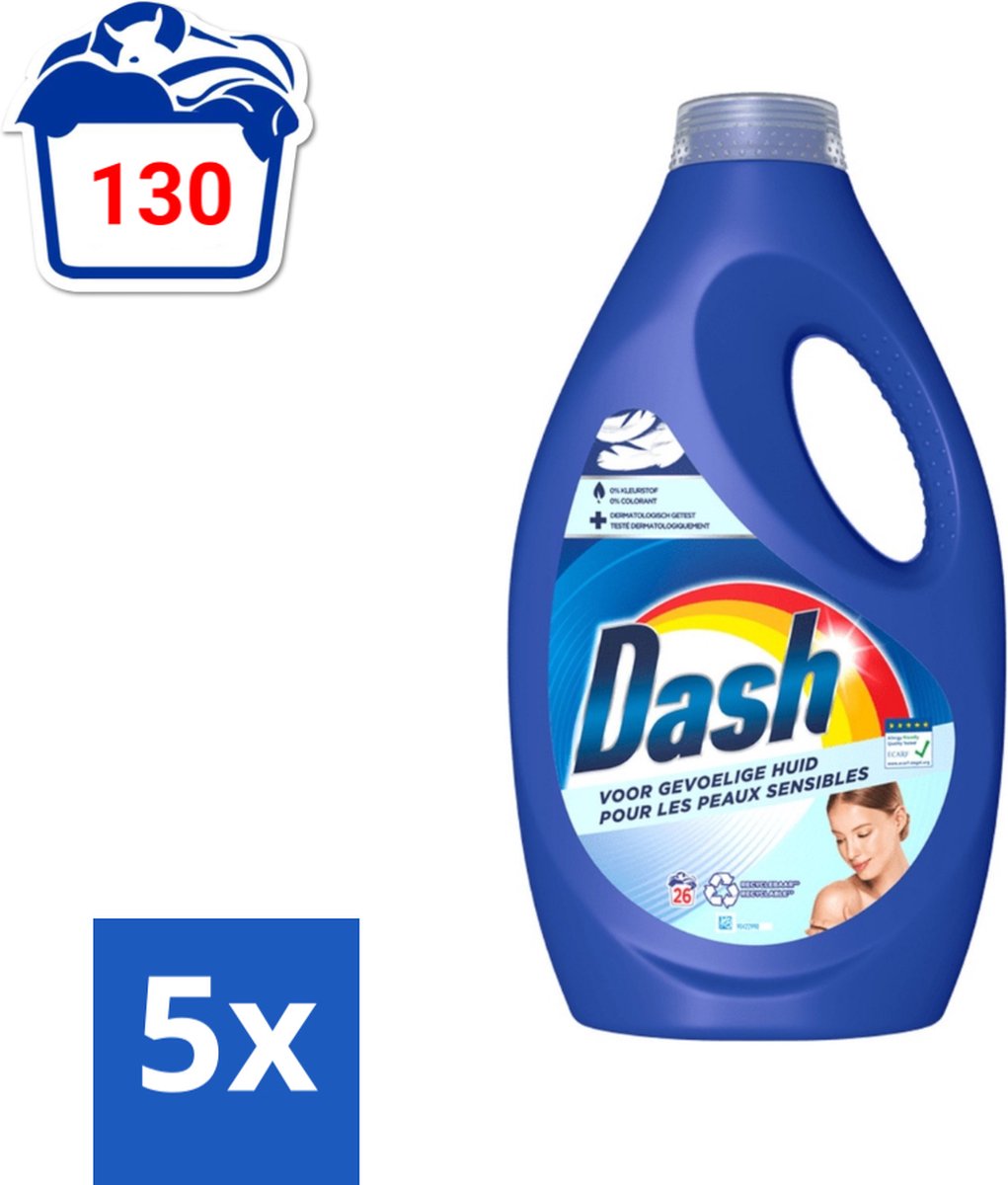 Dash Sensitive - Vloeibaar Wasmiddel - Voor Gevoelige Huid - Witte en Gekleurde Was - 26 Wasbeurten - Bulkverpakking - 5 stuks