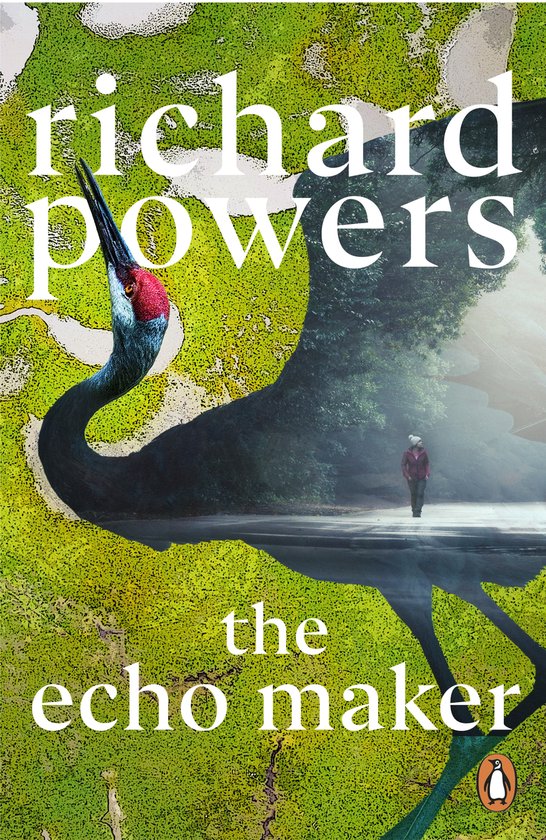 Boekomslag van 'The Echo Maker' door Richard Powers met een gestileerde kraanvogel en een persoon op een weg.