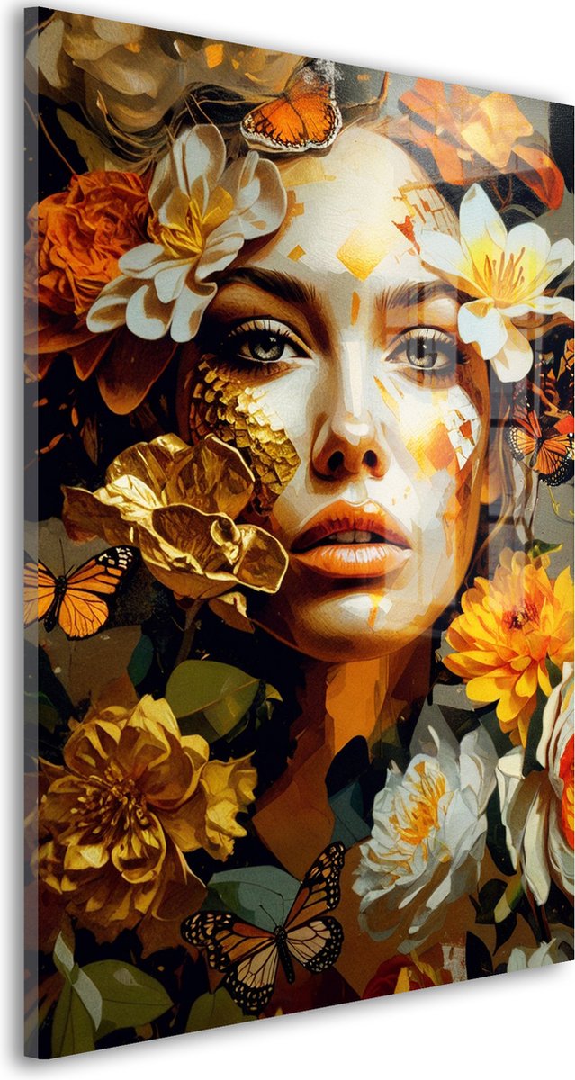 Glasschilderij Vlinderkoningin - 60 x 40 cm - Vrouw - Natuur & Elegantie - Acrylaat - Inclusief wandbevestiging - Foto op plexiglas - Wanddecoratie woonkamer – Modern – Vrouw