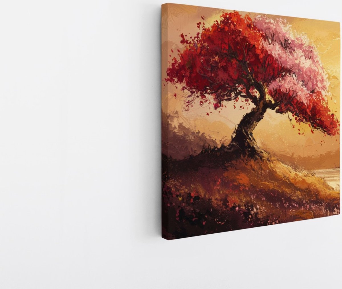 Saammp Canvas Schilderij - Abstracte Boom met rode bladeren - Landschap - Natuur - 60x60 - Foto op canvas - Wanddecoratie - Muurdecoratie Woonkamer - Slaapkamer decoratie - Canvas Print