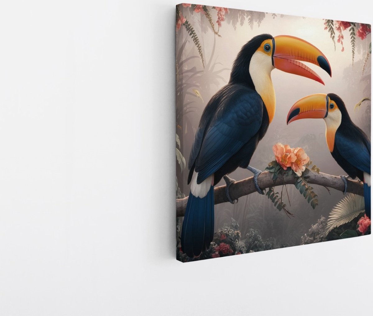 Saammp Canvas Schilderij - Abstracte Toekans tussen de bloemen - Dieren - Natuur - 60x60 - Foto op canvas - Wanddecoratie - muurdecoratie Woonkamer - Slaapkamer decoratie - Canvas Print Multicolor