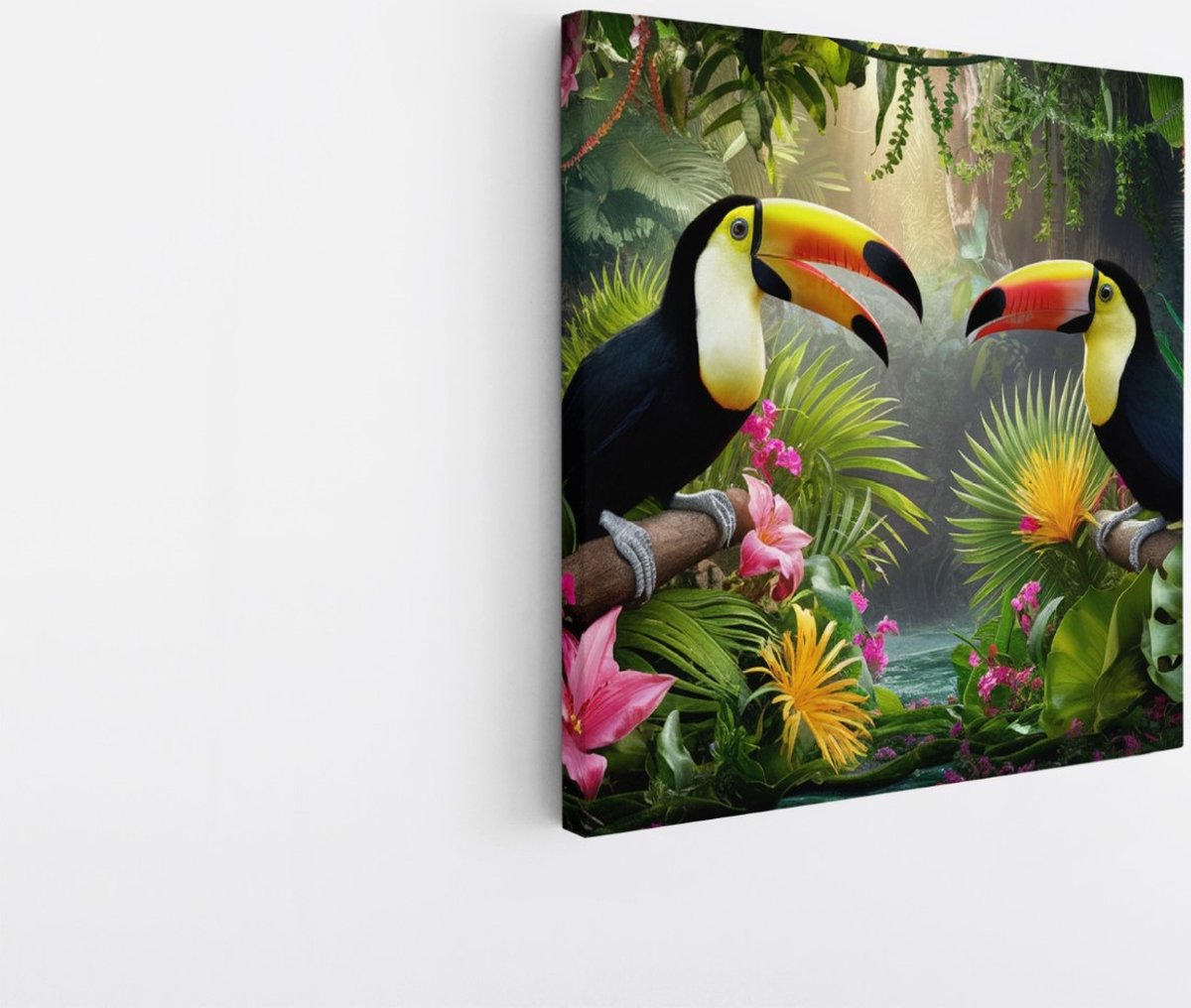 Saammp Canvas Schilderij - Abstracte Toekans - Dieren - Bloemen - 100x100 - Foto op canvas - Wanddecoratie - muurdecoratie Woonkamer - Slaapkamer decoratie - Canvas Print Multicolor