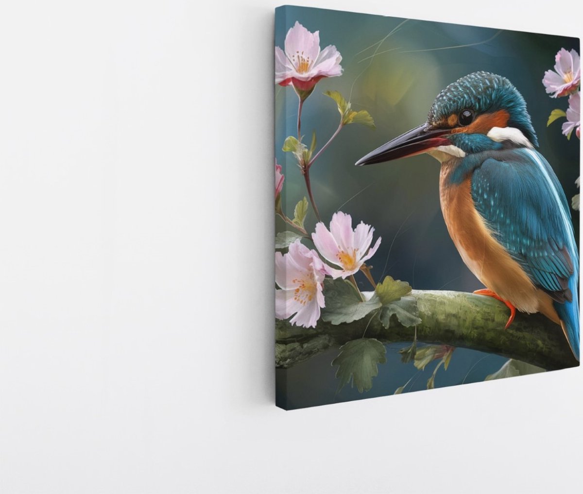 Saammp Canvas Schilderij - Kingfisher met Bloesem - Natuur - Abstract - 100x100 - Foto op canvas - Wanddecoratie - Muurdecoratie Woonkamer - Kantoor Decoratie Multicolor