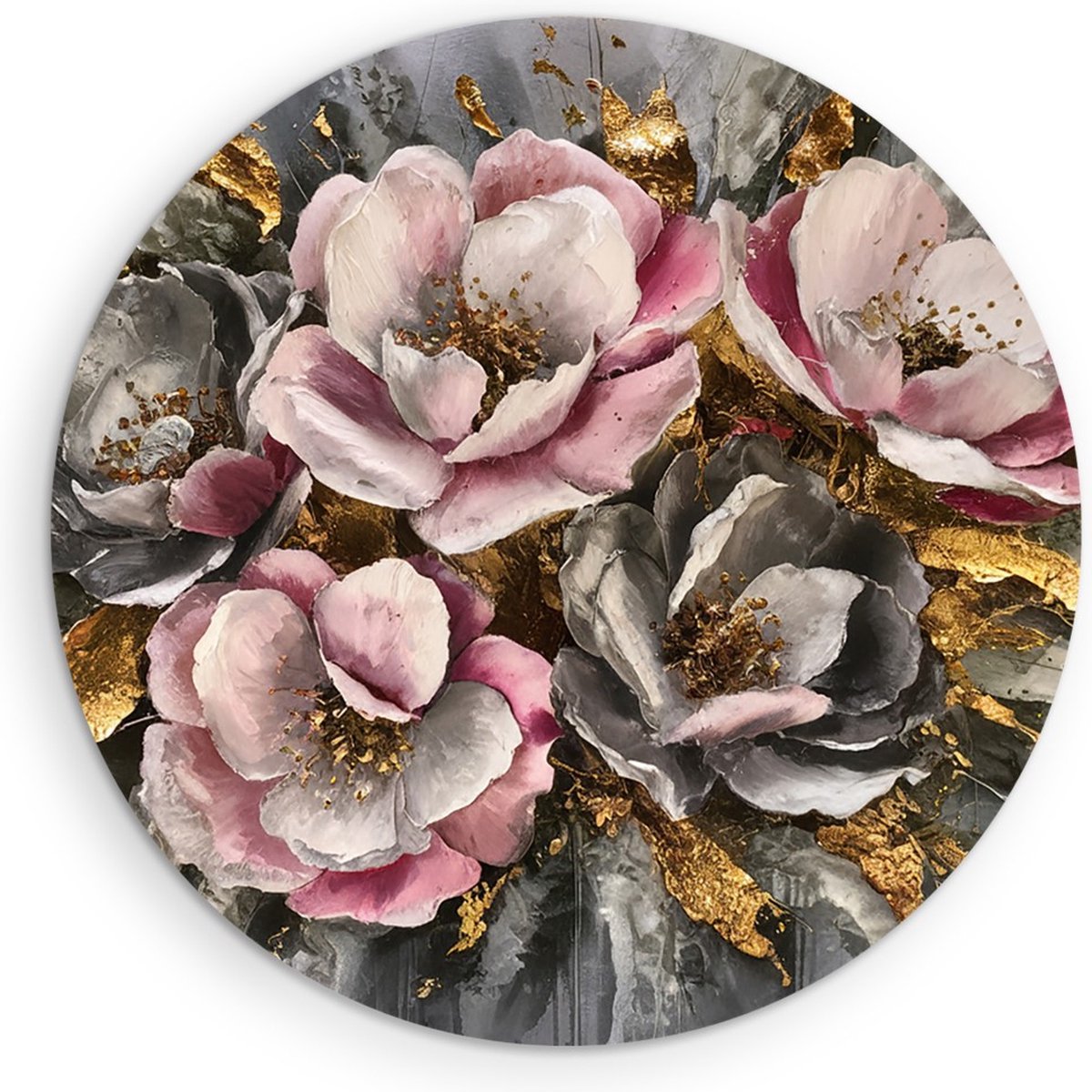 Saammp Forex Muurcirkel - Abstracte Bloemen met Goud - Roze en Grijs - Ø 30 - Wandcirkel - Wanddecoratie Cirkel - Muurdecoratie Woonkamer - Kantoor Decoratie