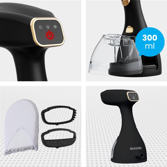 Gedetailleerde close-ups van de zwarte kledingstomer. Bedieningspaneel, waterreservoir van 300ml en accessoires.
