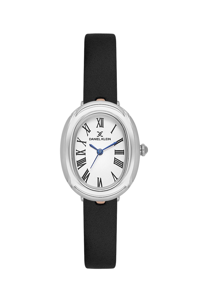 Daniel Klein DK.1.13872-1 - Horloge - Polshorloge - Analoog - Dames - Vrouwen - Leren band - Ovaal - Metaal - Romeinse Cijfers - Zwart - Zilverkleurig