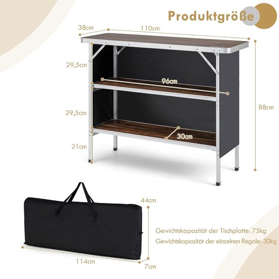 COSTWAY Opvouwbare Campingtafel, Aluminium Draagbare Picknicktafel met 2 verdiepingen Open Planken, Draagbare vouwtafel voor buitengebruik (Koffie) van Costway — afbeelding 4