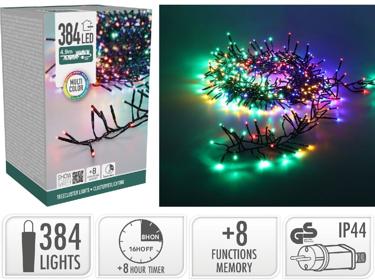 Treecluster Kerstboomverlichting - 384 LED Multi Color - 490 cm - Timer - 8 Lichtstanden -Binnen Buiten