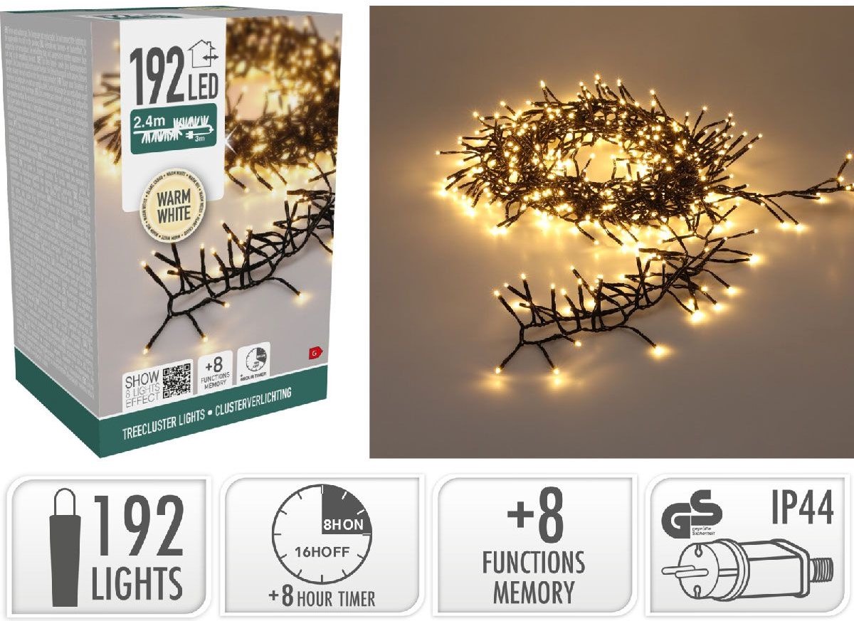 Treecluster Kerstboomverlichting - 192 LED Warm Wit - 240 cm - Timer - 8 Lichtstanden - Binnen Buiten