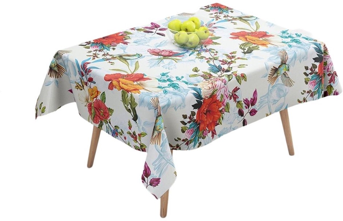 Ulticool - Tafelkleed - Groot Tafelzeil Plastic - Afwasbaar Afneembaar Wasbaar - voor Binnen en Buiten - Waterdicht - 140 x 240 cm - Tafelloper Rechthoekig - Design Vogel Bloemen Natuur Decoratie Lente - Wit Groen Rood Blauw Roze