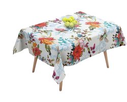 Ulticool - Tafelkleed - Groot Tafelzeil Plastic - Afwasbaar Afneembaar Wasbaar - voor Binnen en Buiten - Waterdicht - 140 x 240 cm - Tafelloper Rechthoekig - Design Vogel Bloemen Natuur Decoratie Lente - Wit Groen Rood Blauw Roze