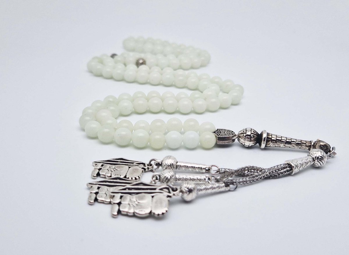 Handgemaakte tesbih "Tasbih" natuursteen "Maan licht" - Aantal kralen 99 - Diameter kralen 8MM - met metaal tassel "Hanzala" - Een mooi cadeau-idee