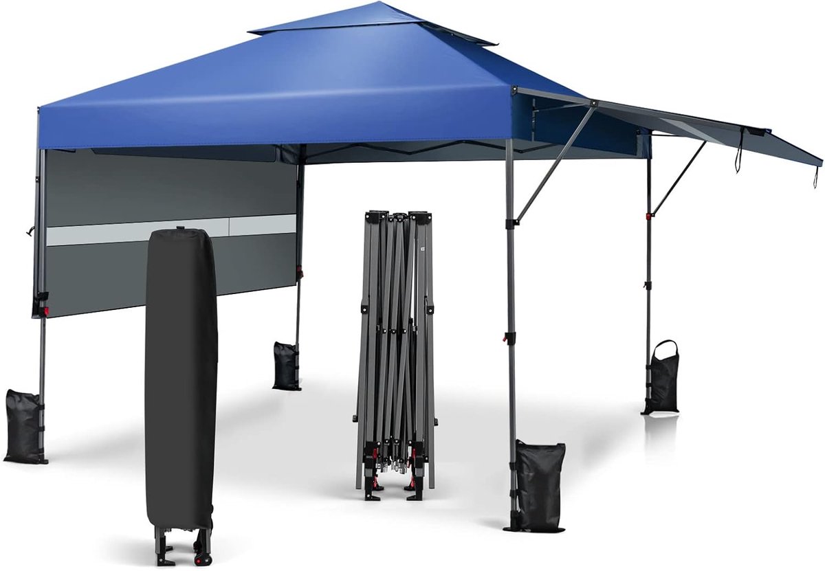 COSTWAY 3 x 3 m pop-up paviljoen met twee luifels, vouwpaviljoen met roltas, 4 zandzakken, uv-bescherming 50+, opvouwbare tuintent, feesttent, waterdicht, stabiel, winterbestendig (blauw)