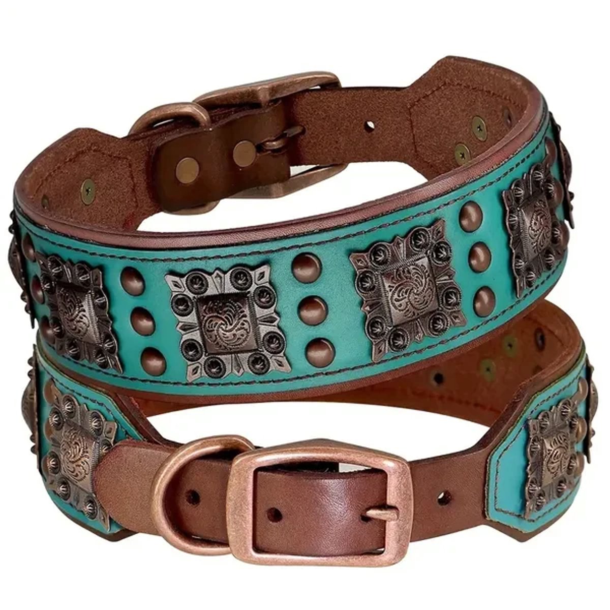 Hondenhalsband Leer - Leren Halsband voor Honden - Luxe Halsband Leer met metalen decoraties - Groen - Maat XL - Petshop Seven