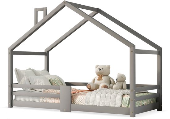 Kinderbed Huisbed met Schoorsteen, Valbeveiliging, Robuuste Lattenbodems, Grenen Houten Huisbed voor Kinderen, 90x200 cm Zonder Matras, Grijs