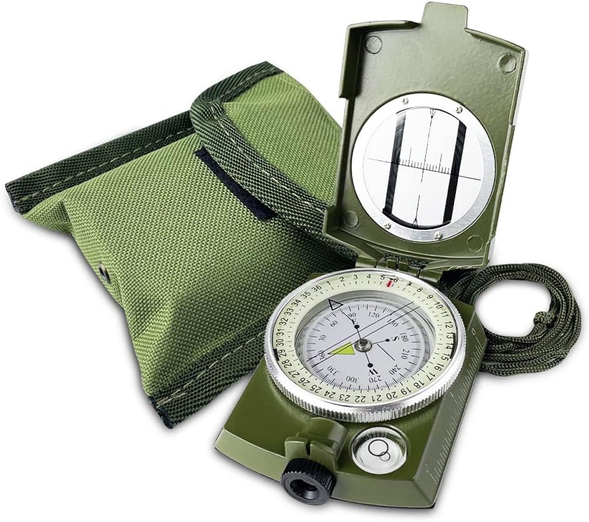 Militair Kompas - Inklapbaar - Kaartlezer - Liniaal - Metaal - RVS - met tas - met fluorescerend design