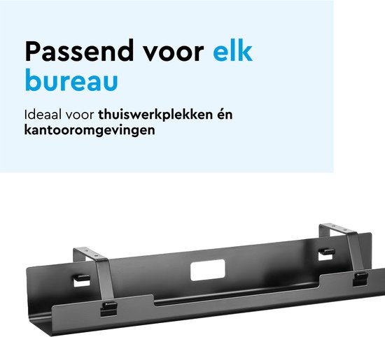 Zwarte metalen kabelgoot met twee klemmen aan elke kant, en een rechthoekig gat in het midden.