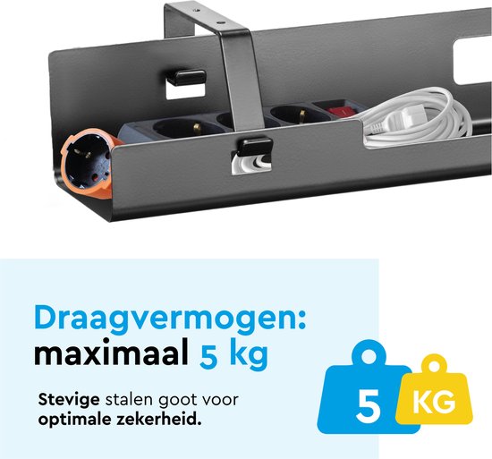 Zwarte metalen kabelgoot met stekkerdozen en witte kabel, met tekst 'draagvermogen: maximaal 5 kg'.