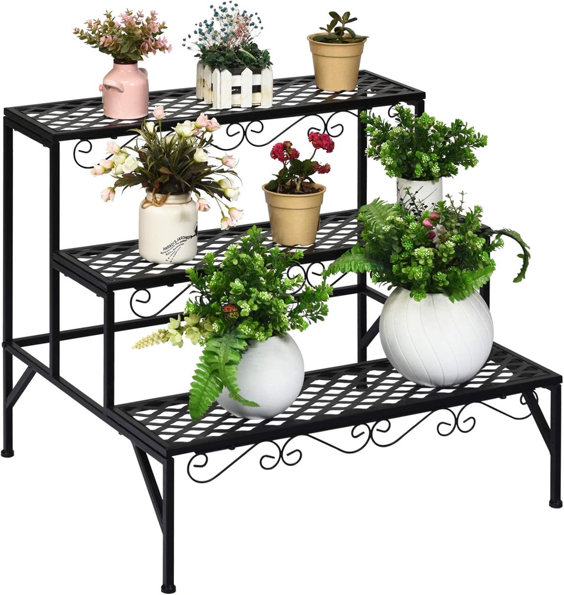COSTWAY Metalen bloementrap, 3-traps bloemenrek, plantenstandaard, plantenrek met antislip voeten, plantentrap, plantenpotten voor tuin balkon, 70 x 21 x 60,5 cm, zwart
