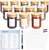 Comforder Set de 12 Bocaux de conservation en Glas avec couvercle en Bamboe – Pots d'herbes aromatiques avec Autocollants – Bidons alimentaires