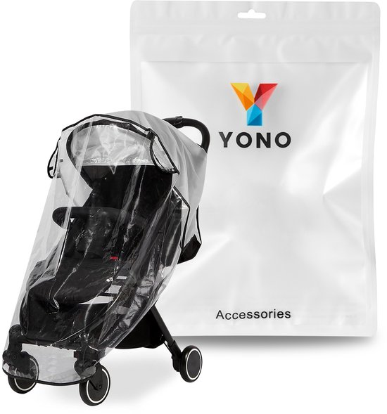 Housse de pluie transparente pour poussette à côté d'un emballage avec le logo YONO.