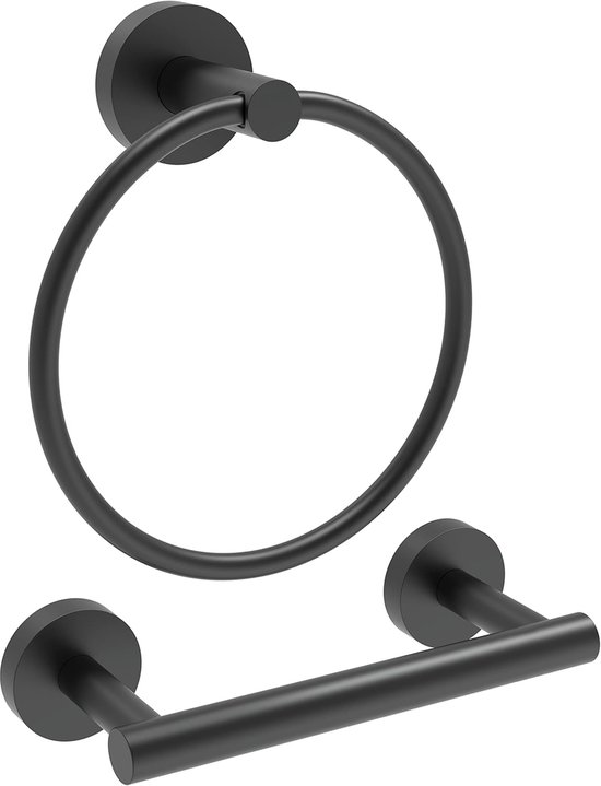 YONO Handdoekring en Toiletrolhouder - RVS Handdoekhouder en WC Rolhouder - Set van 2 - Zwart