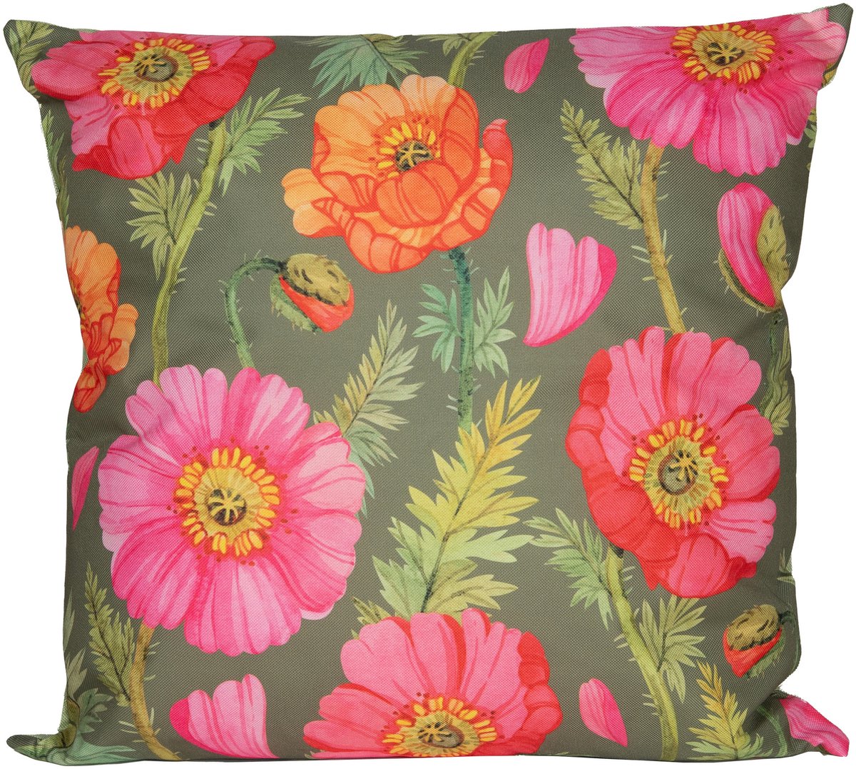 Anna's Collection Sierkussen voor binnen en buiten - klaprozen bloemen - groen/roze - 45 x 45 cm - tuinkussens