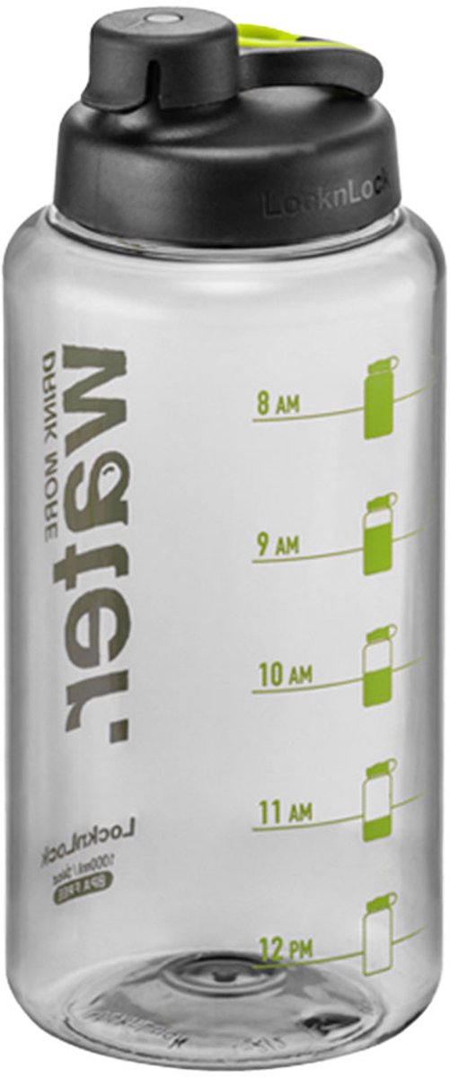 Lock&Lock Motivatie Waterfles met Tijdmarkeringen - Grote Waterfles - 1 liter - Lekvrij - BPA vrij - PFAS vrij - Motiverende Waterfles - Drinkfles - Sportfles - Volwassenen en Kinderen - Zwart