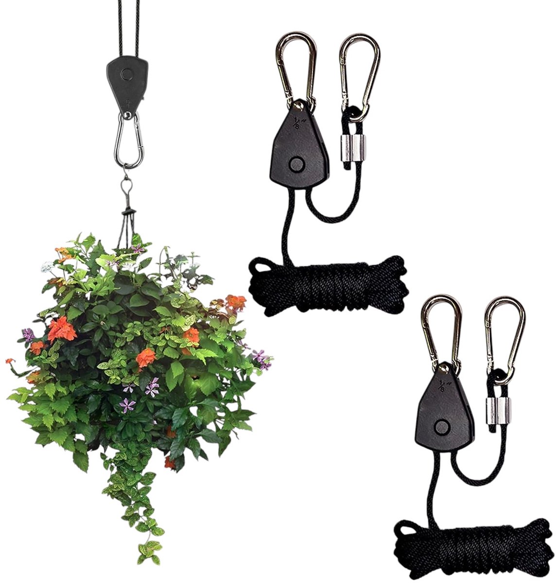 2-Pack Verstelbare Kabel Ratel voor Planten Groeilampen en Tuin, Ratelkoord met Haak, Verstelbare Ratelkoord, 2,4m (Zwart)