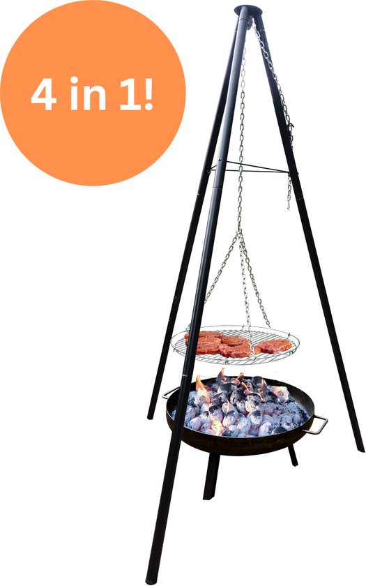 Muntel® BBQ Tripod - Driepoot -Inclusief Pot - Inclusief Rooster - Inclusief Vis Rookplankjes - Inclusief Vuurschaal - 65 x 180 cm