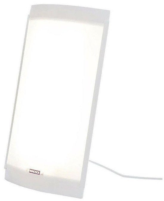 Innolux Lucia LED brede rechthoekige witte daglichtlamp van 65 bij 30 cm op een tafelstandaard