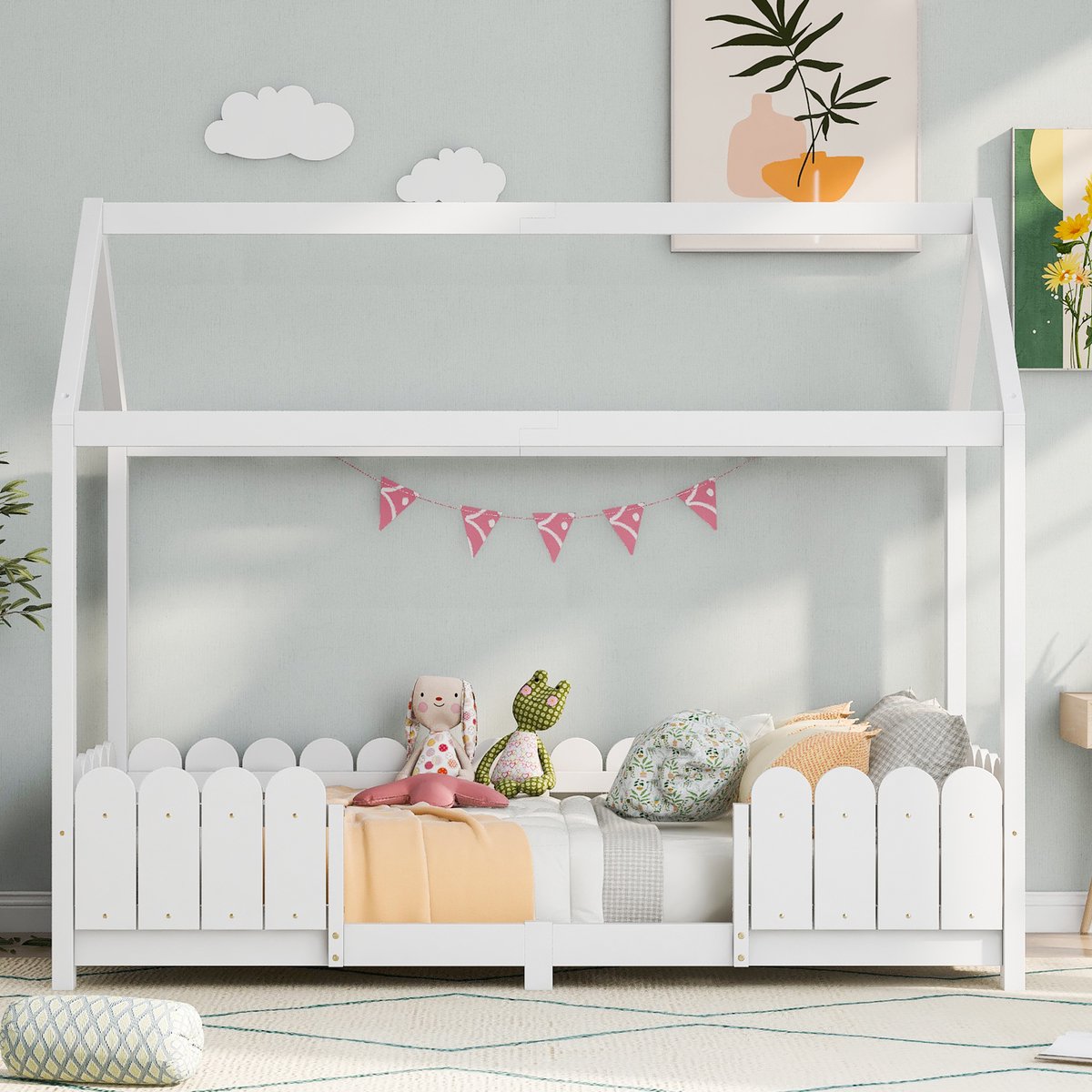 Hausbett 90x200 cm - veelzijdig houten kinderbed voor jongens & meisjes - Met uitvalscherm en lattenbodem – Wit (zonder matras)