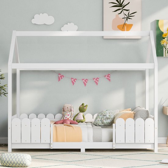 Hausbett 90x200 cm - veelzijdig houten kinderbed voor jongens & meisjes - Met uitvalscherm en lattenbodem – Wit (zonder matras)