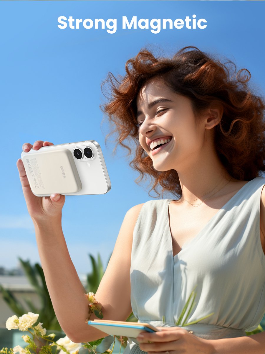 UGREEN Mini Draadloze Powerbank 5000mAh Magnetisch Beige - afbeelding 3