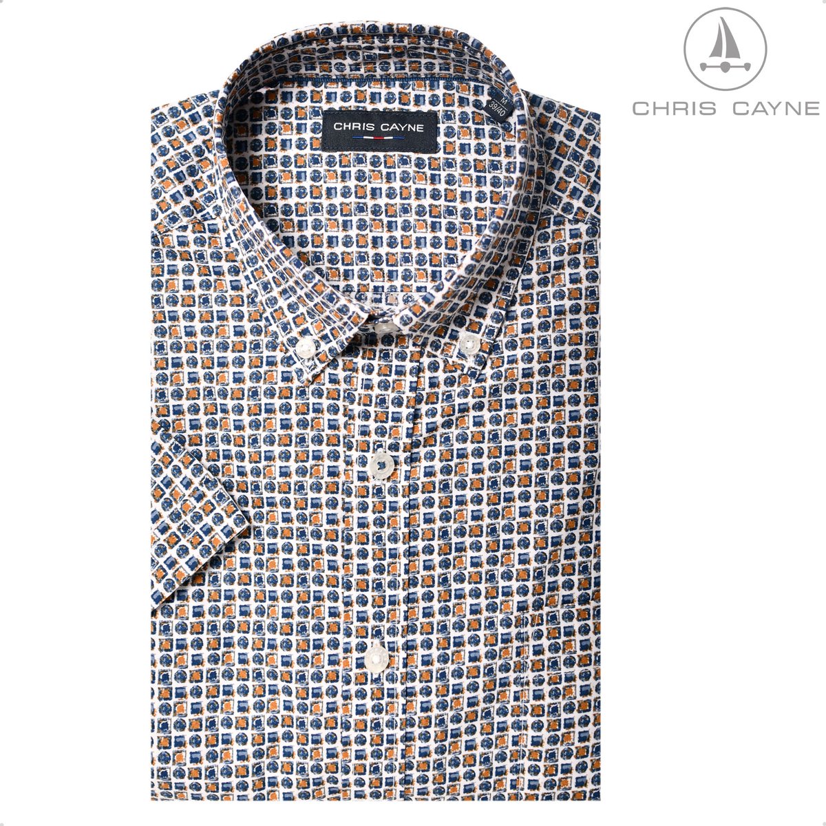 Chris Cayne overhemd - korte mouwen - offwhite/camel/blauw - geprint - 3XL - borstzak - digitale print - Katoen - button down kraag - grote maten