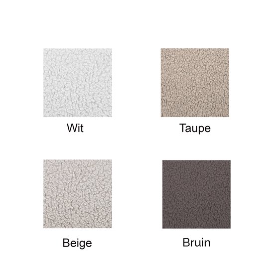 Vier kleurstalen teddy stof: Wit, Taupe, Beige, Bruin.
