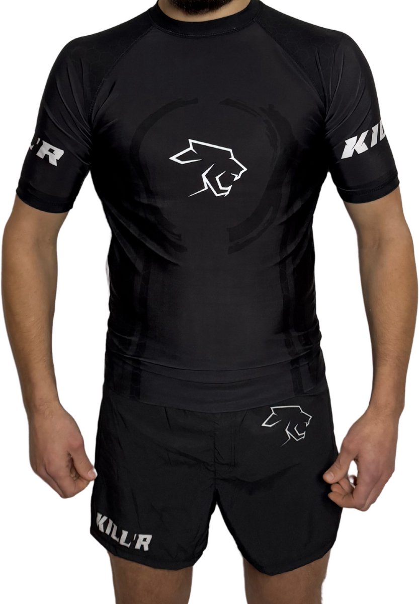 Rashguard - MMA / Kickboks Shirt - Vechtsport Kleding - Sport T-Shirt Zwart/Zwart