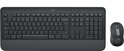 Zwart Logitech draadloos toetsenbord en muis, van voren gezien op een witte achtergrond.