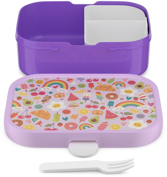 Boîte à tartines violette ouverte avec un imprimé joyeux, incluant un séparateur et une fourchette.