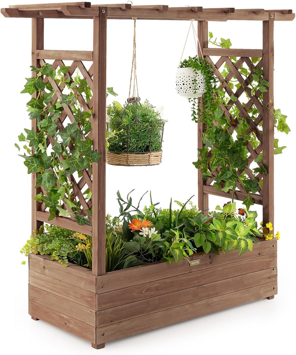 COSTWAY Verhoogd bloembed met rankrooster en hangend dak, plantenbak met klimhulp, bloembak voor klimplanten en hangende manden, voor tuin, binnenplaats, terras, plantenbak van hout, bruin