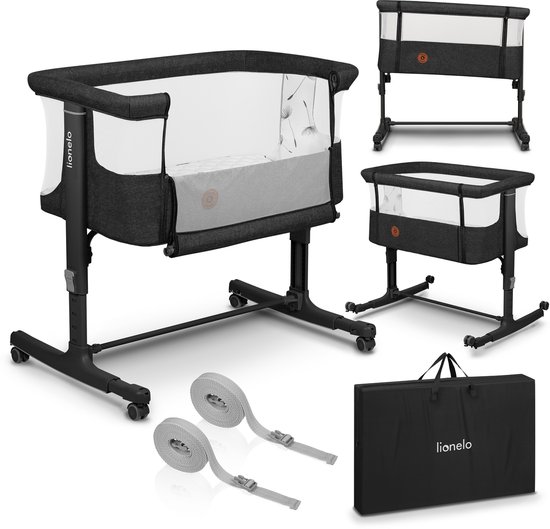 Lionelo Aurora 3in1 Co-sleeper - Babybedje tot 9 kg - Meegroeibed - 4 wielen met rem - Campingbedje – Verstelbare Hoogte – Ademend Gaas – Inclusief Matras & Transporttas – Afneembare Bekleding