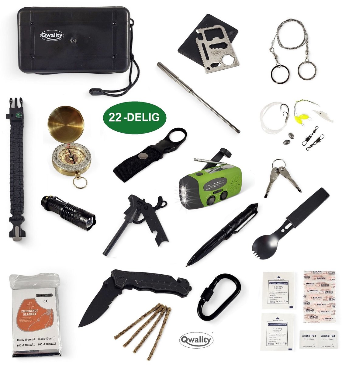 Qwality® Survival Kit – Incl. Noodradio - Nooduitrusting – 22-Delig – Professionele Survival Set - Noodpakket – Overlevingspakket – Camping Kit – Survivalset