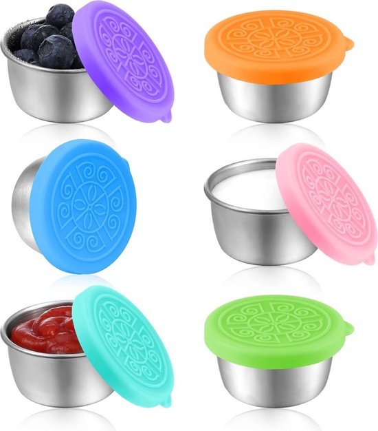 Mini Vershoudbakjes - RVS Snackbox - To Go Set 6 Dressingpotjes 40ml - Duurzame Snackdoosjes - Diepvriesbakjes - Lunchbox Seal cup - Voorraaddoosjes Met Deksel Uit Silicone - Dressing Bakje - BPA Vrij - Lekvrij - Voor Snack/Dips/Salade/Specerijen Enz