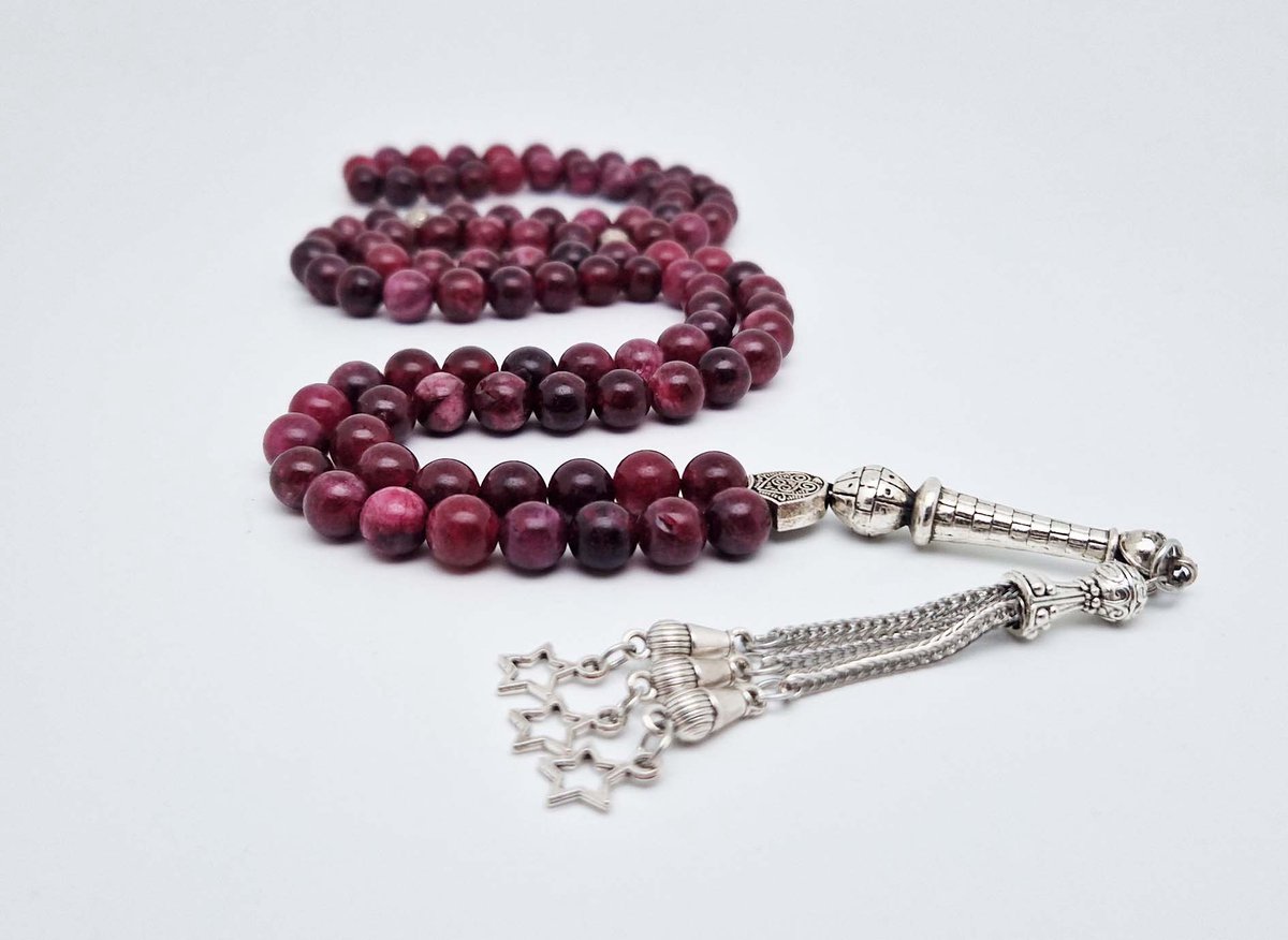 Handgemaakte tesbih "Tasbih" natuursteen "Lepidolite" - Aantal kralen 99 - Diameter kralen 8MM - met metaal tassel "Kleine sterren" - Een mooi cadeau-idee