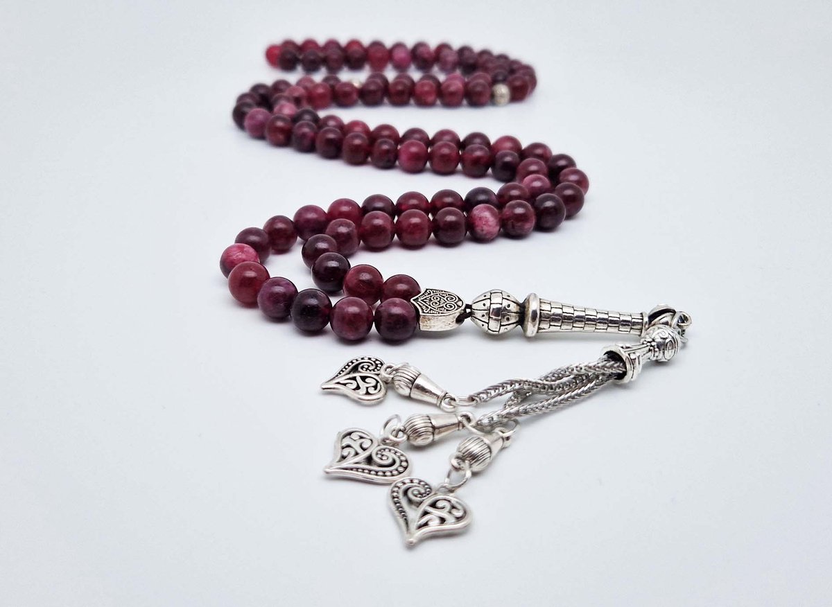 Handgemaakte tesbih "Tasbih" natuursteen "Lepidolite" - Aantal kralen 99 - Diameter kralen 8MM - met metaal tassel "Harten" - Een mooi cadeau-idee